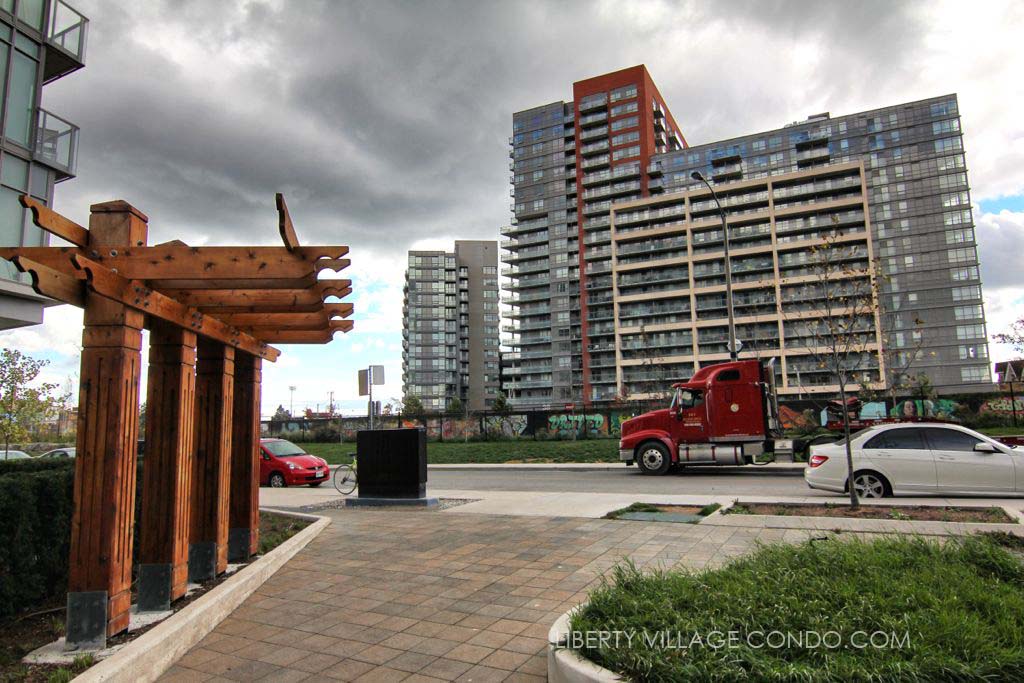 View from 150 Sudbury St courtyard south towards 38 and 20 Joe Shuster Way