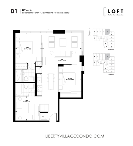 Q-Loft-floor-plan-2-bedroom+den-927-sq-ft-D1